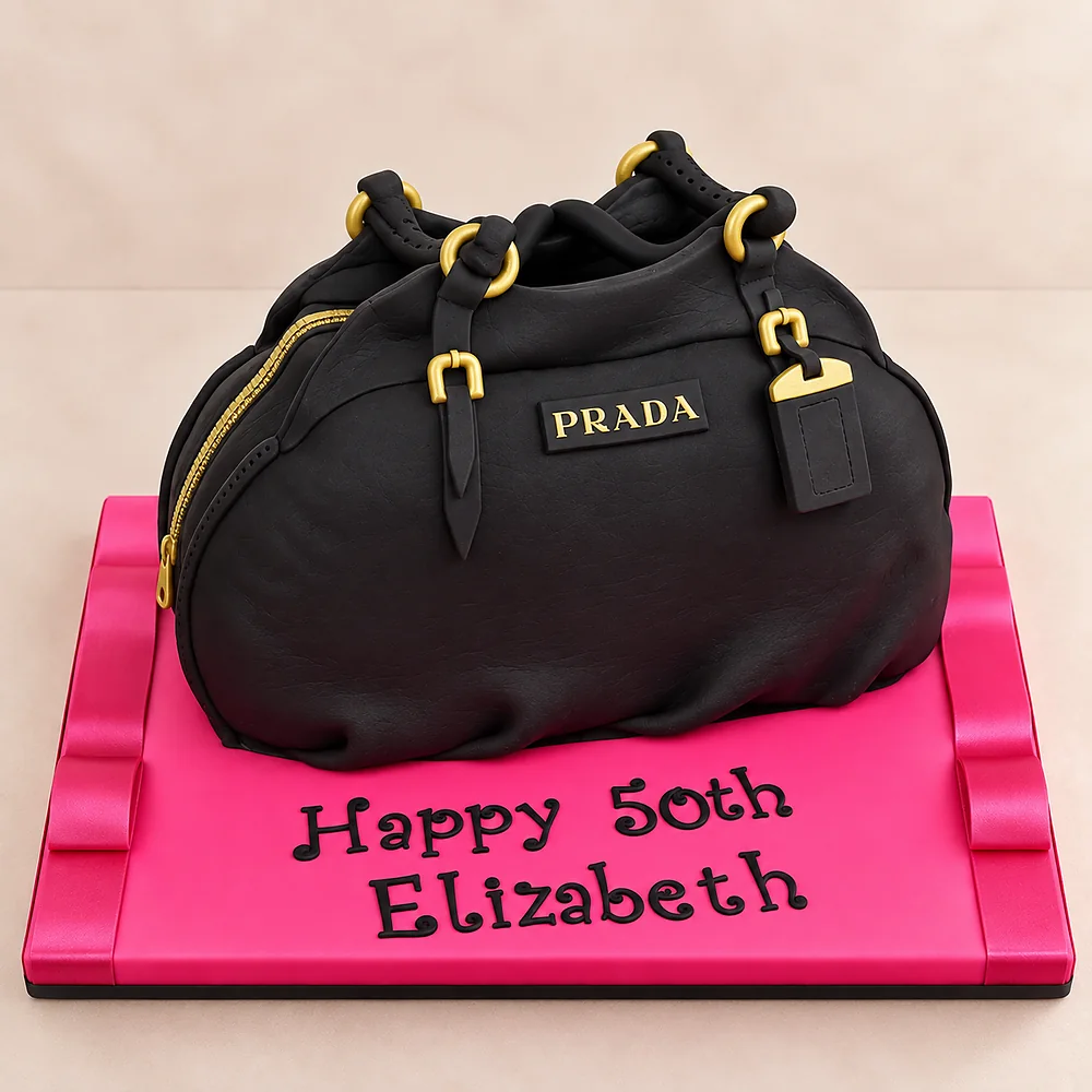 Black Prada handbag cake on a bright pink board