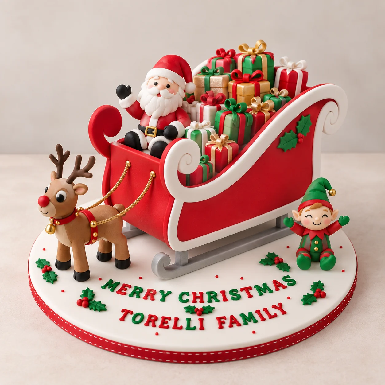 Personalised Santa sleigh Christmas cake with presents, a reindeer and an elf