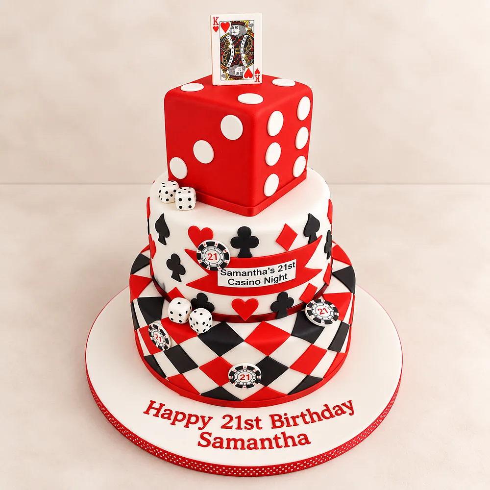 Red, white and black casino themed tiered cake