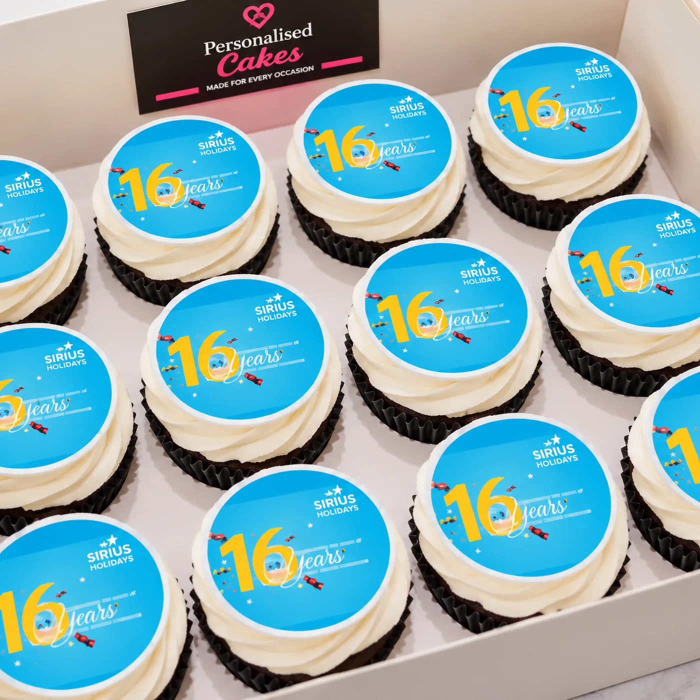 Sirius Holidays 16 Years branded cupcakes