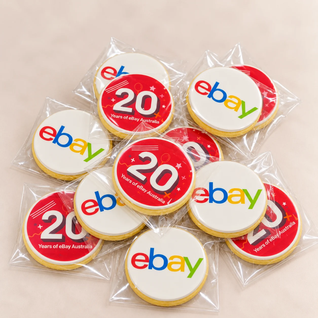 Individually wrapped eBay ‘20 Years of eBay Australia’ logo cookies