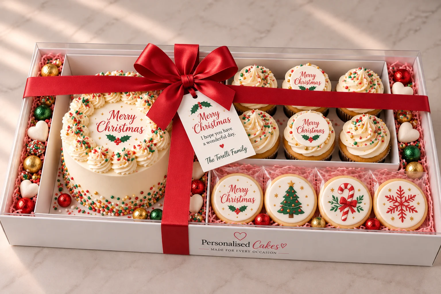 Family Christmas gift box with a cake, cupcakes and cookies tied with a red ribbon
