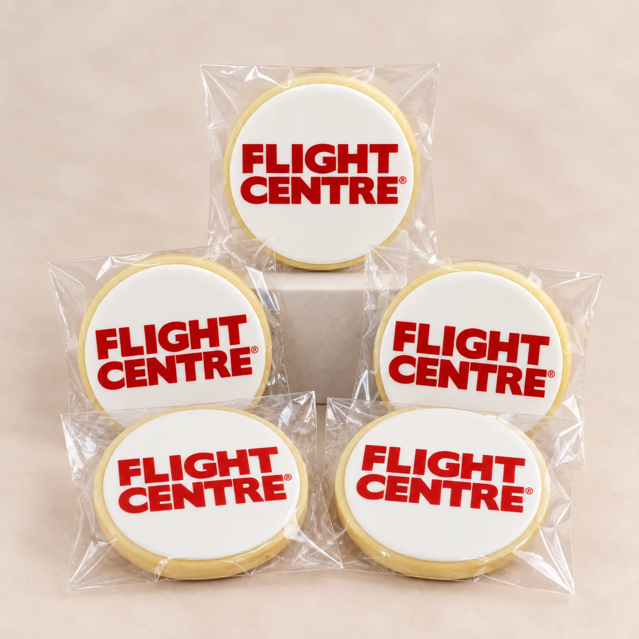 Individually wrapped Flight Centre logo cookies