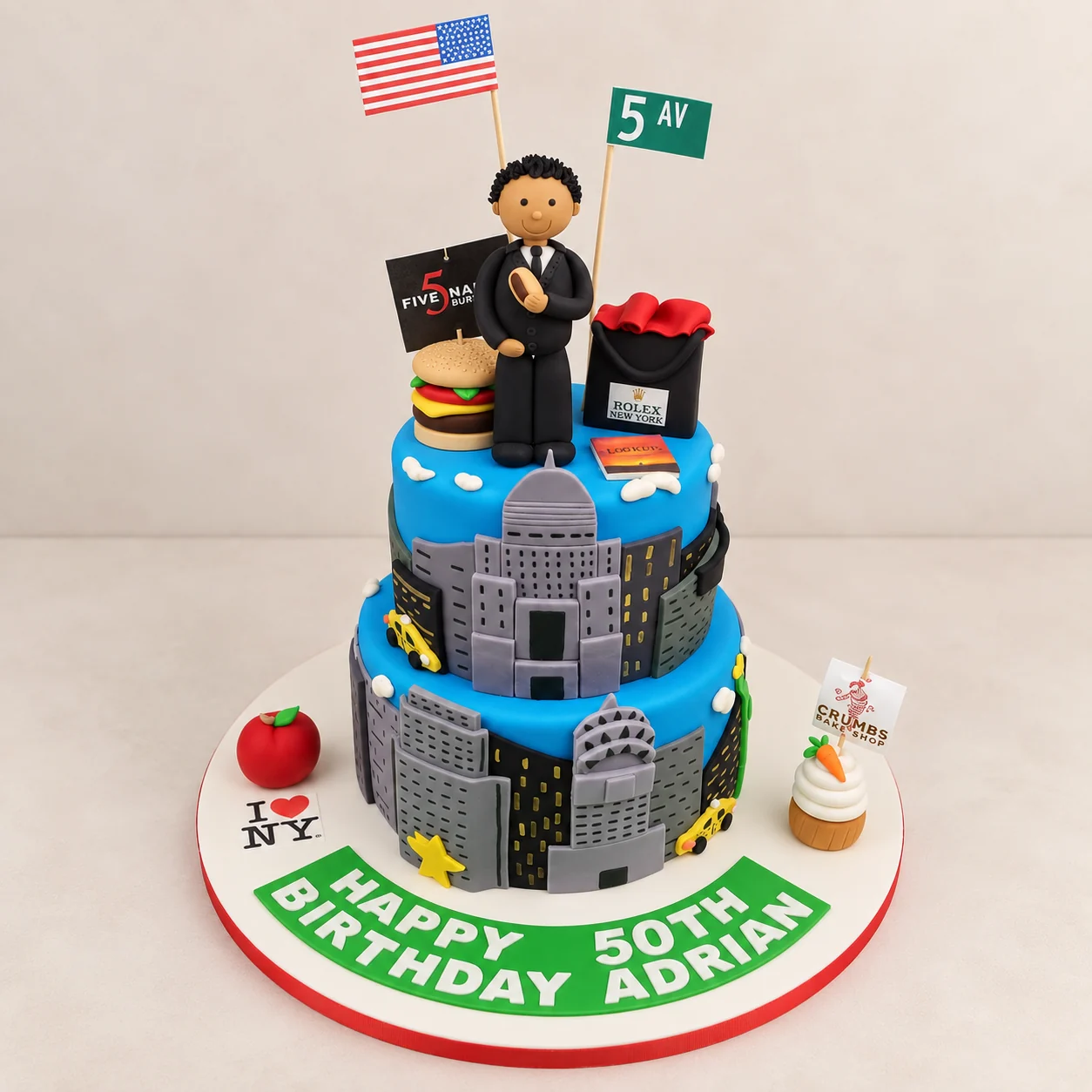 Two-tier New York themed 50th birthday cake for Adrian