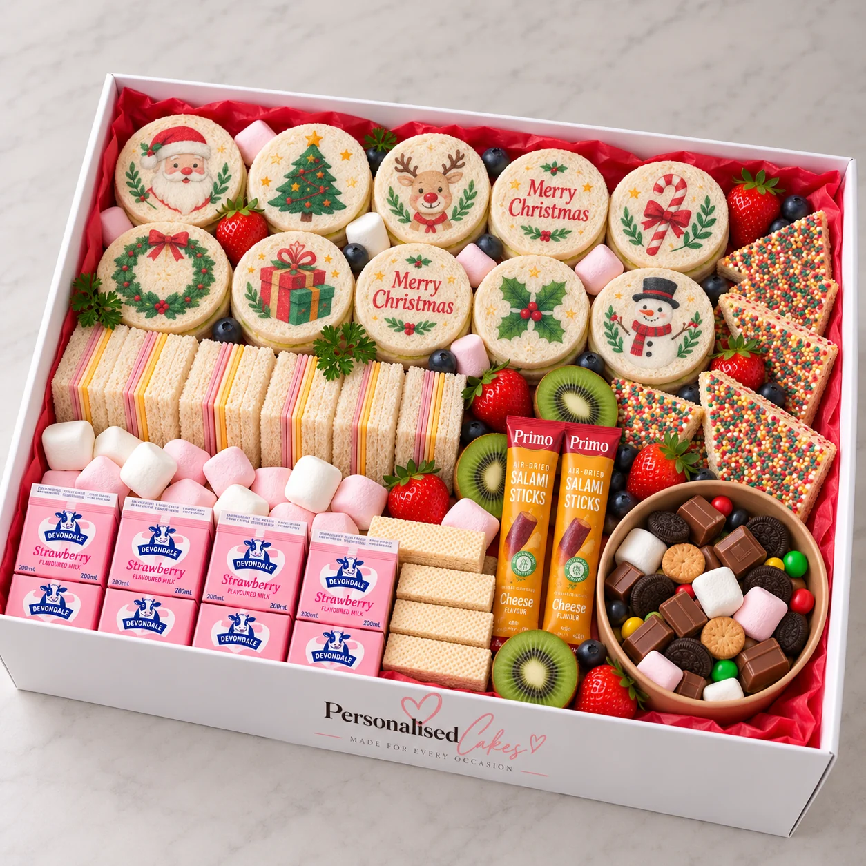 Christmas dessert platter with decorated cookies, sandwiches, fruit and treats