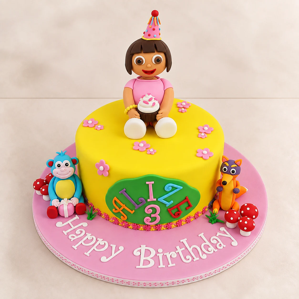 Yellow Dora themed children's birthday cake