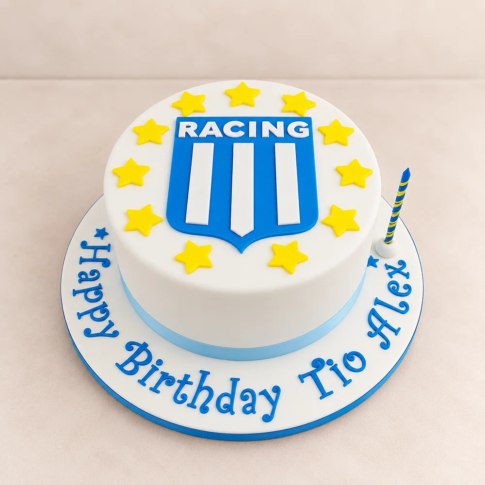 Blue and white football themed round birthday cake