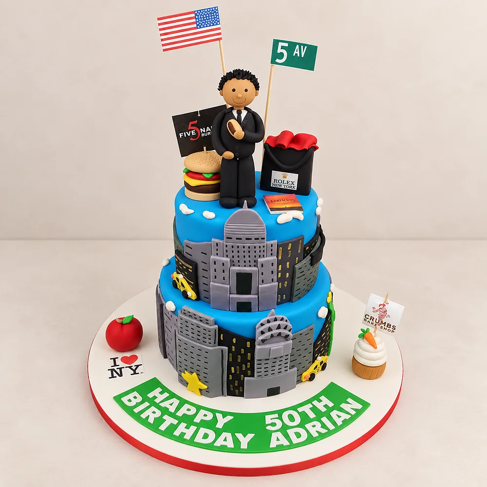 Blue New York themed birthday cake