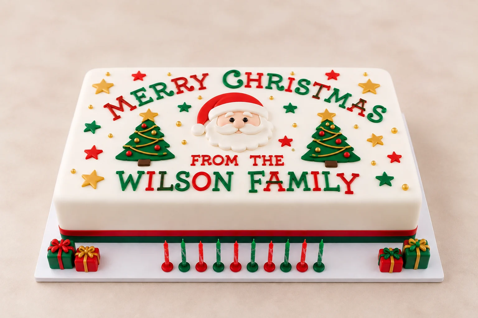 Personalised family Christmas celebration cake decorated with Santa, trees and gifts
