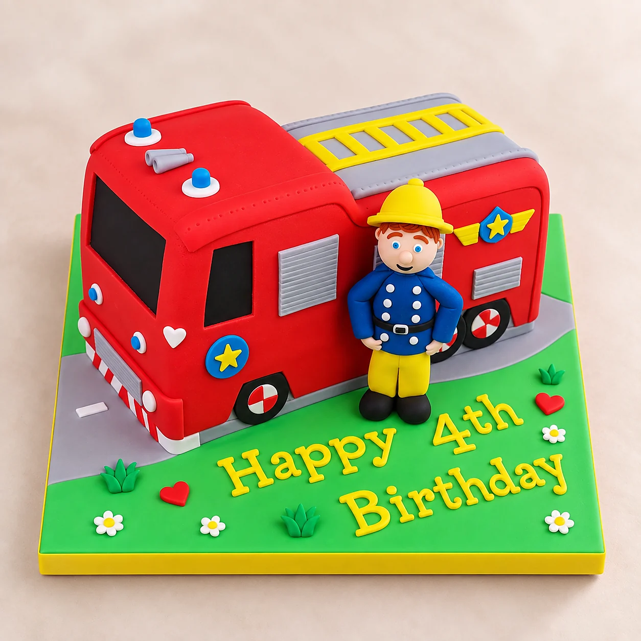 Fireman Sam fire engine themed birthday cake