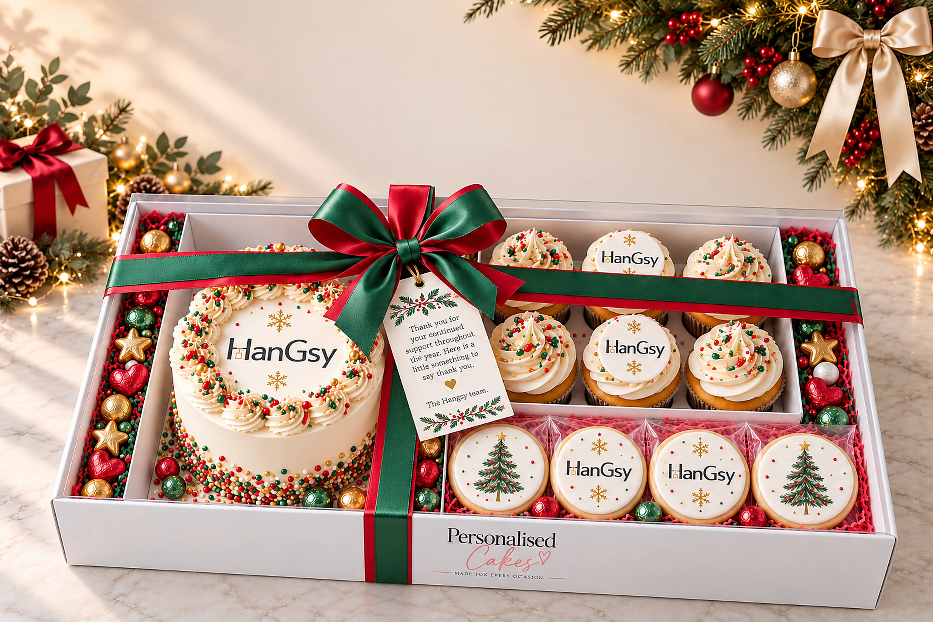 Christmas gift box with a logo cake, branded cupcakes and Christmas cookies tied with red and green ribbon, styled on a marble table with pine garland, baubles and warm lights
